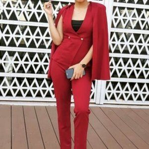 Wine Red Blazer Button Cape & tailored pants suit set